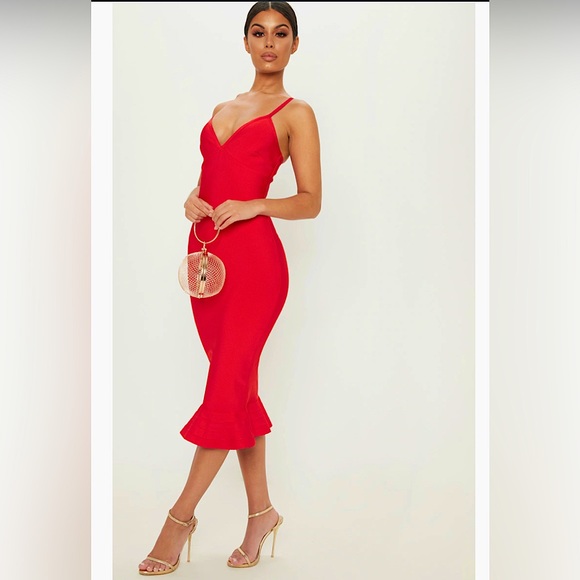 Pretty Little Thing Red Bandage Strappy Frill Hem Midi Dress - Picture 1 of 5
